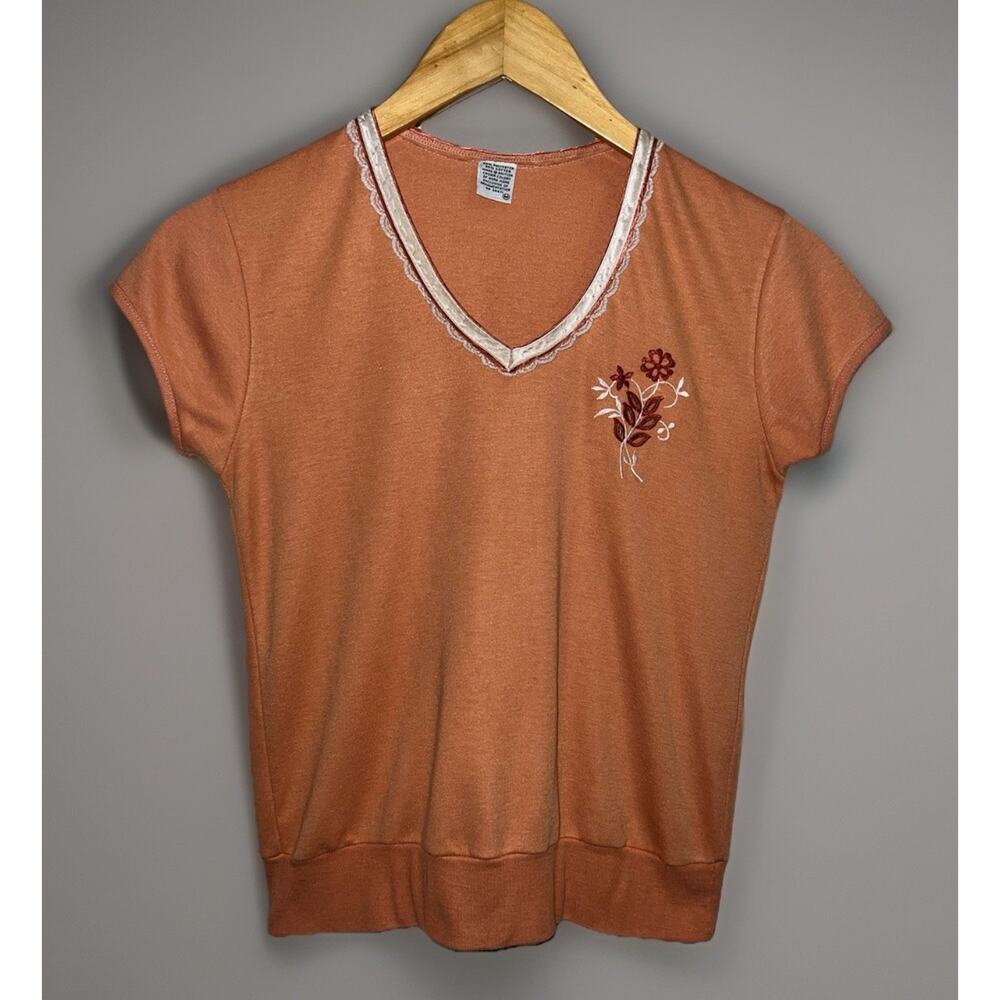 Vtg 70s 80s Ornamentation Pullover Top Ribbon/Lace Trim Burnt Orange White -Sz M